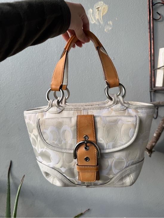 Coach Handbags - Coach Cream Signature Canvas Satchel with Tan Leather Trim